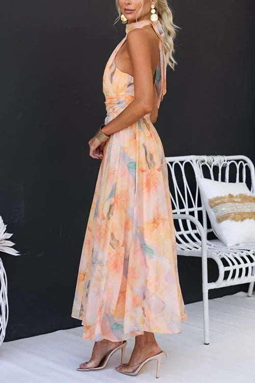 Lumière d’Été - Vestido halter largo estampado acuarela