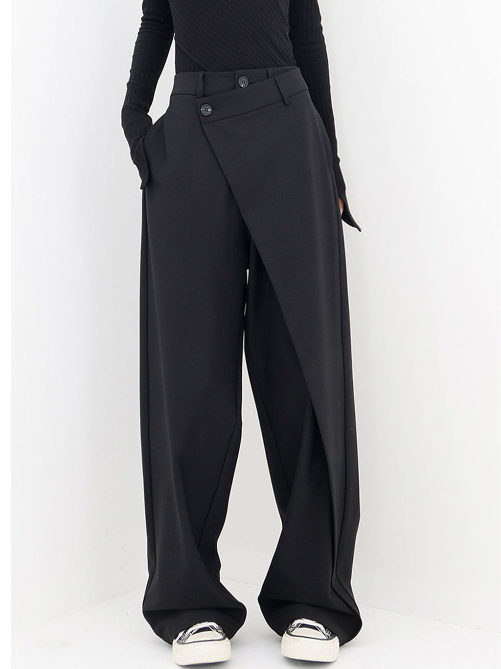 Pantalones De Vestir De Corte Ancho Con Botones En Capas Asimétricas