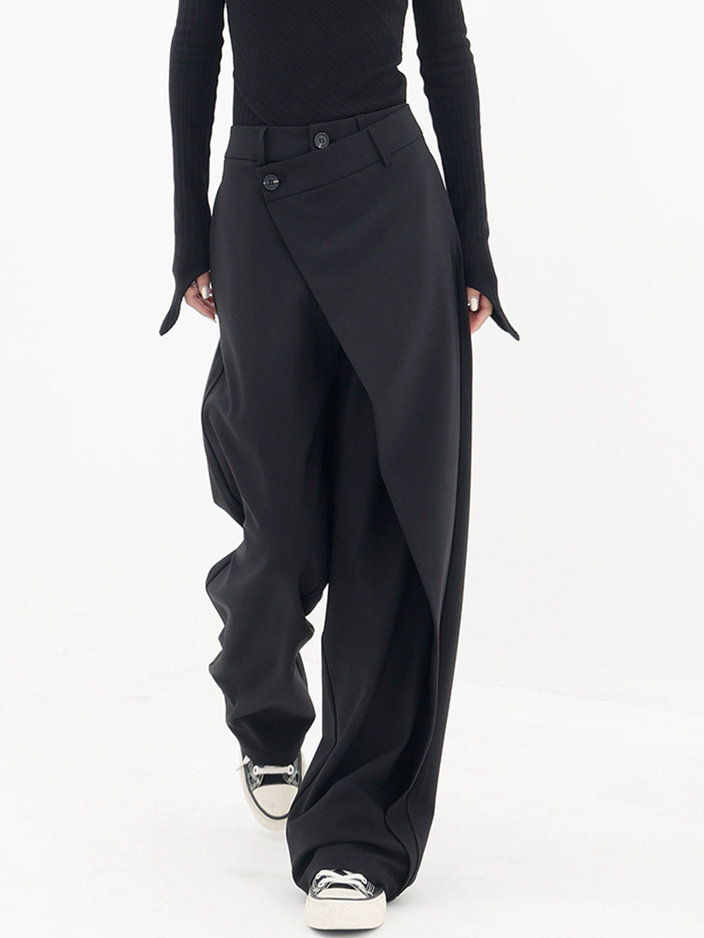 Pantalones De Vestir De Corte Ancho Con Botones En Capas Asimétricas