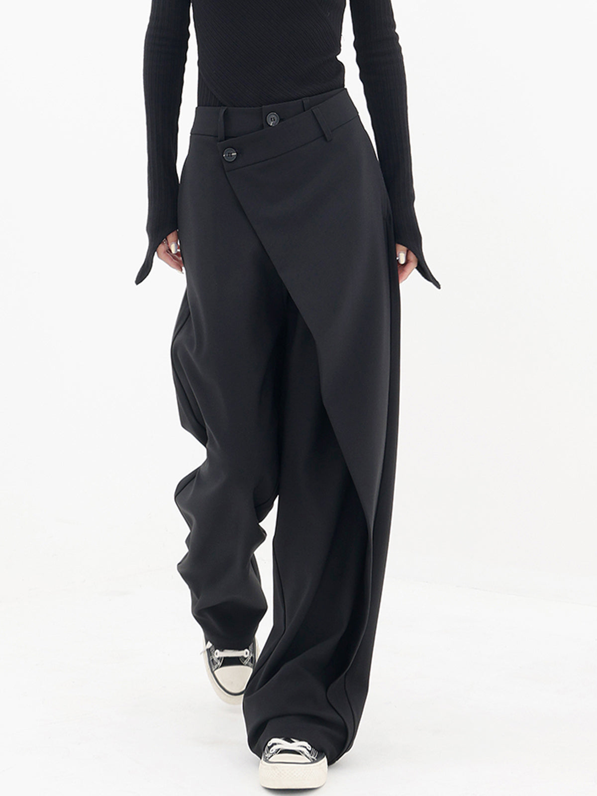 Pantalones De Vestir De Corte Ancho Con Botones En Capas Asimétricas
