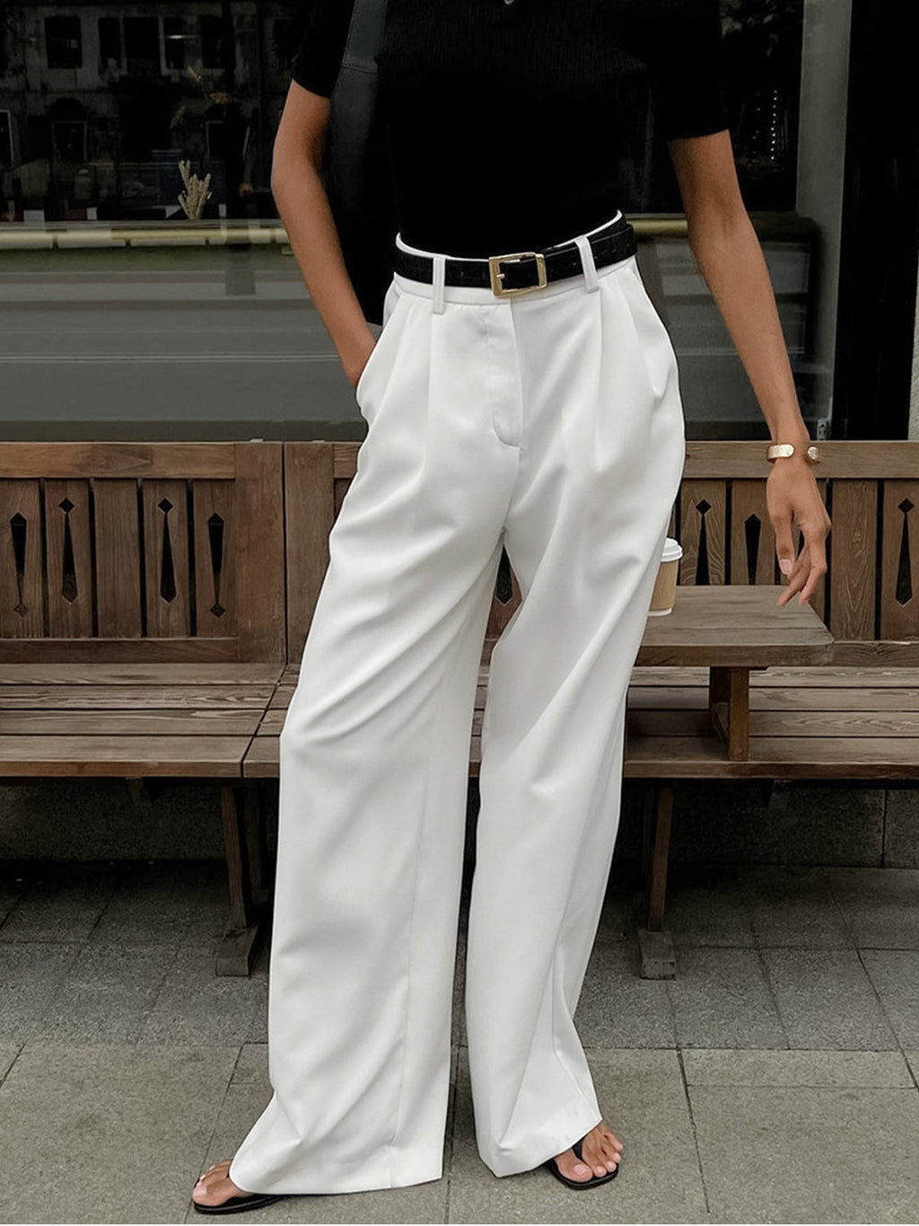 Pantalones de Corte Ancho Lisos Sin Cinturón