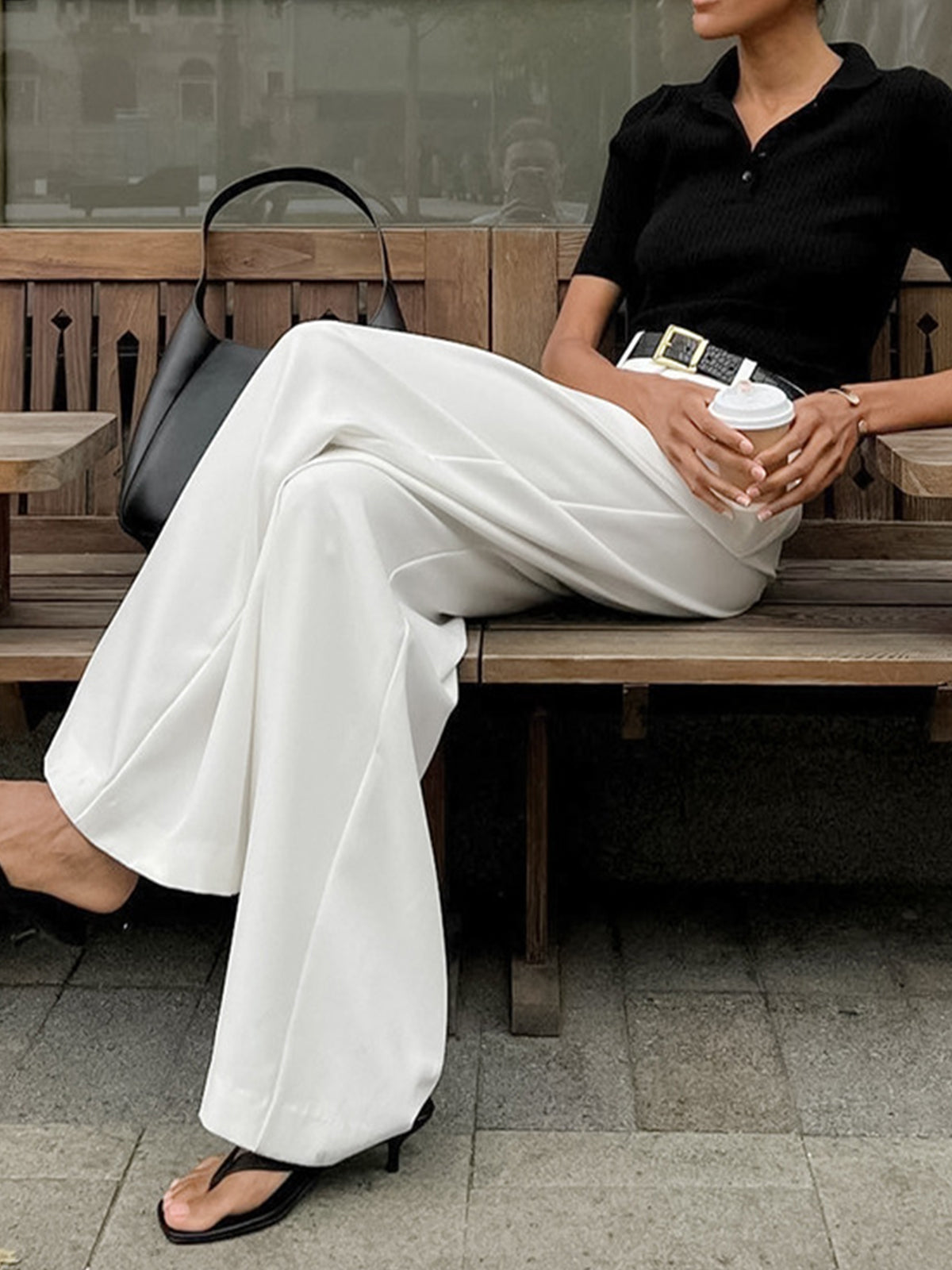 Pantalones de Corte Ancho Lisos Sin Cinturón