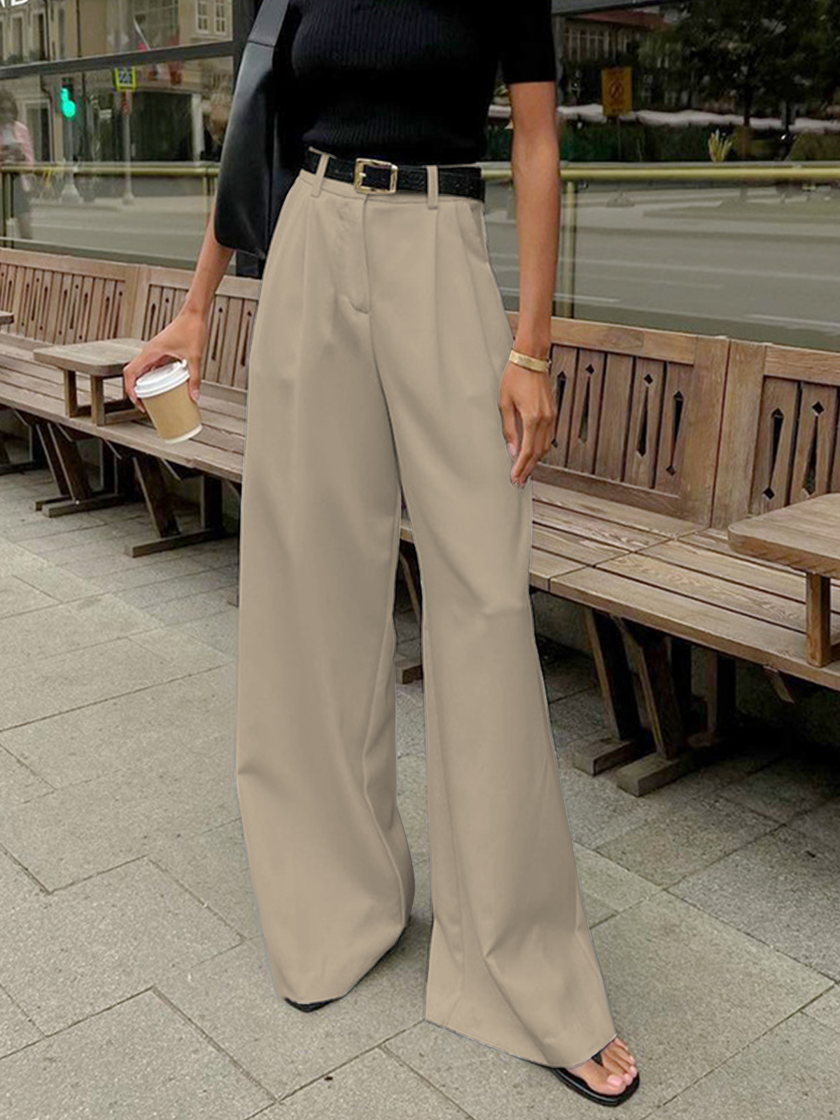 Pantalones de Corte Ancho Lisos Sin Cinturón