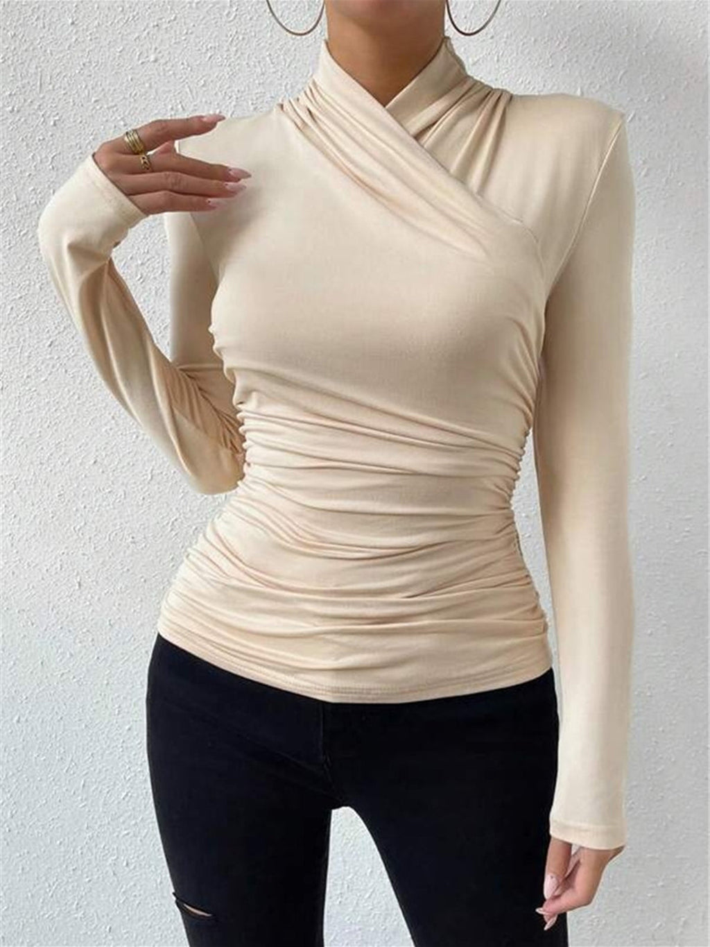 Camiseta Con Cuello Cruzado, Plisada y Ceñida