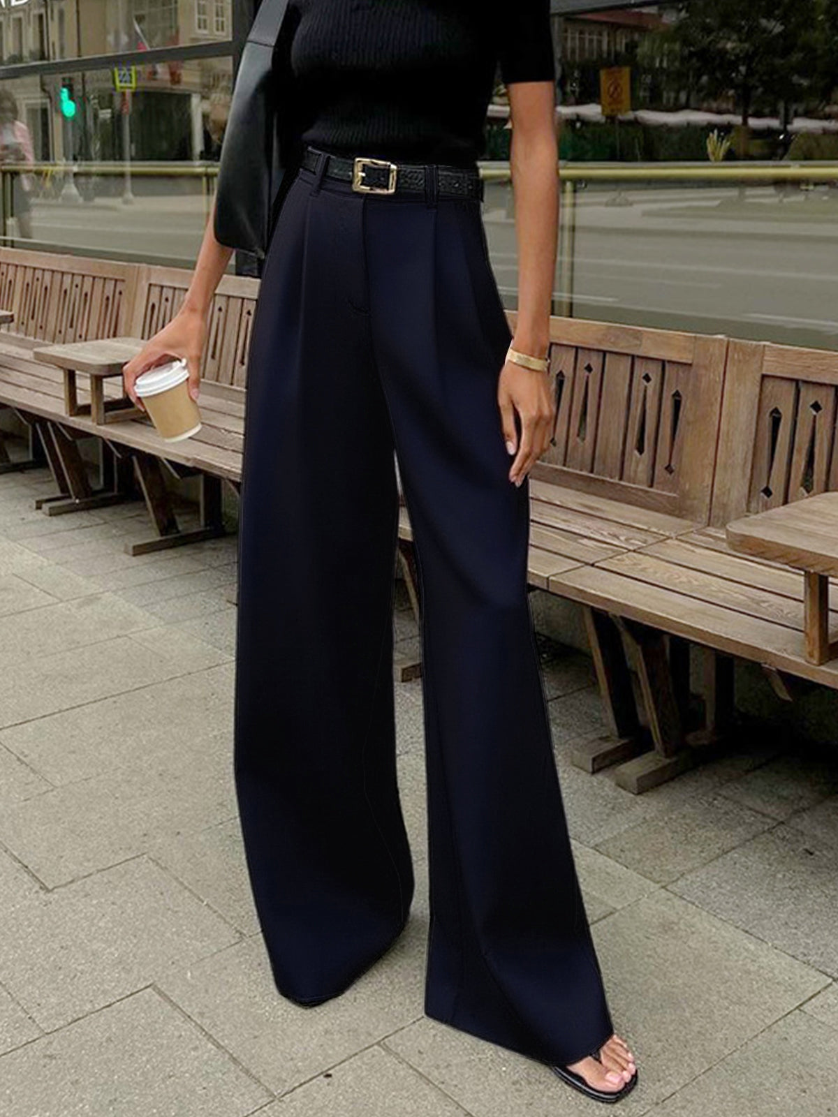 Pantalones de Corte Ancho Lisos Sin Cinturón