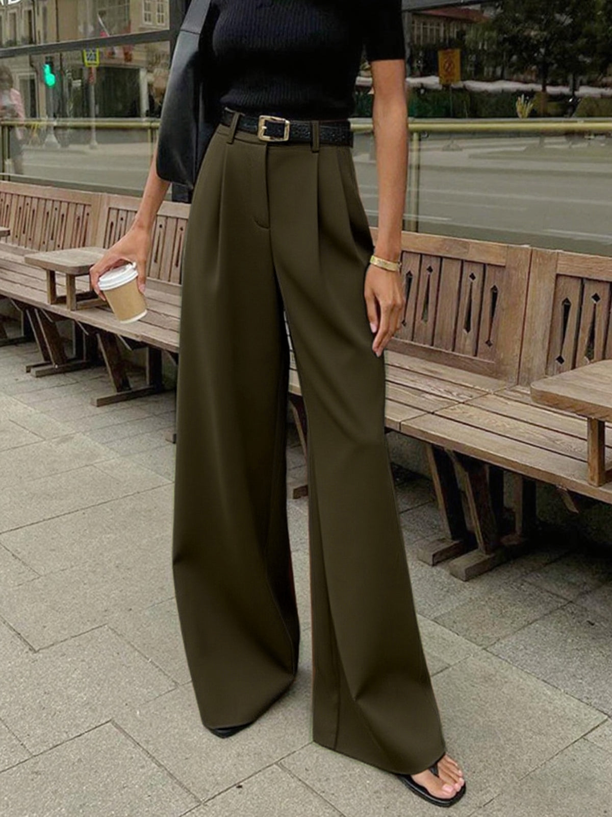 Pantalones de Corte Ancho Lisos Sin Cinturón