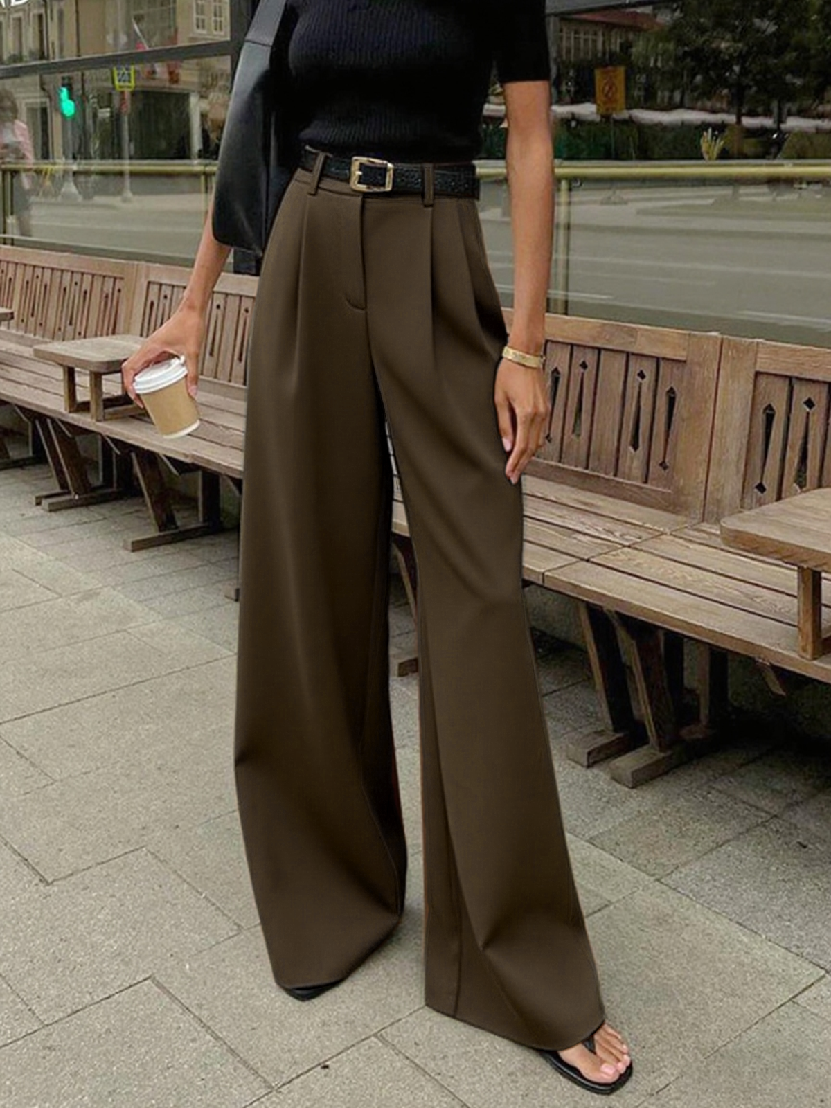 Pantalones de Corte Ancho Lisos Sin Cinturón