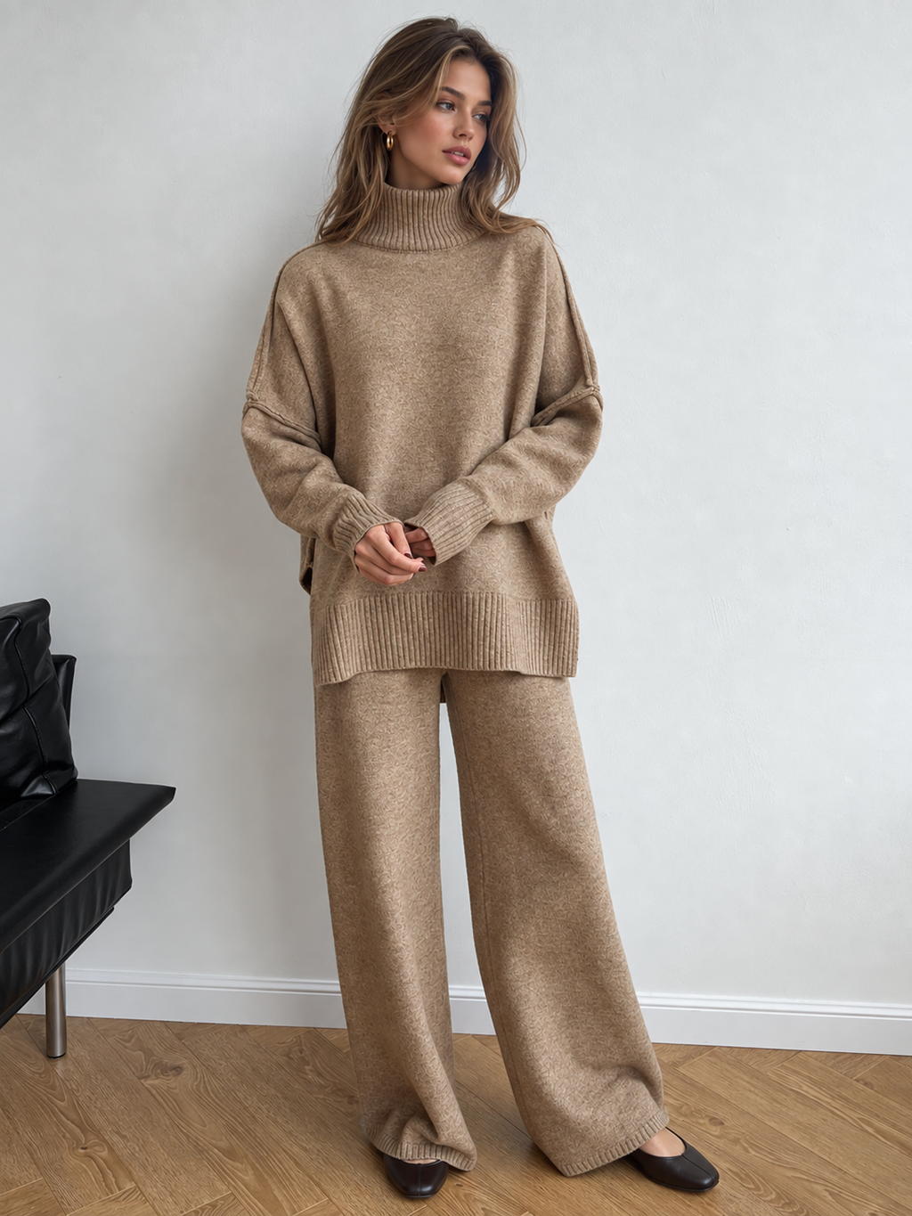 Conjunto De Pantalones y Jersey De Cuello Alto Liso