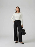 Pantalones Elásticos De Talle Medio, Con Cremallera Frontal y Pernera Ancha