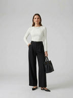 Pantalones Elásticos De Talle Medio, Con Cremallera Frontal y Pernera Ancha