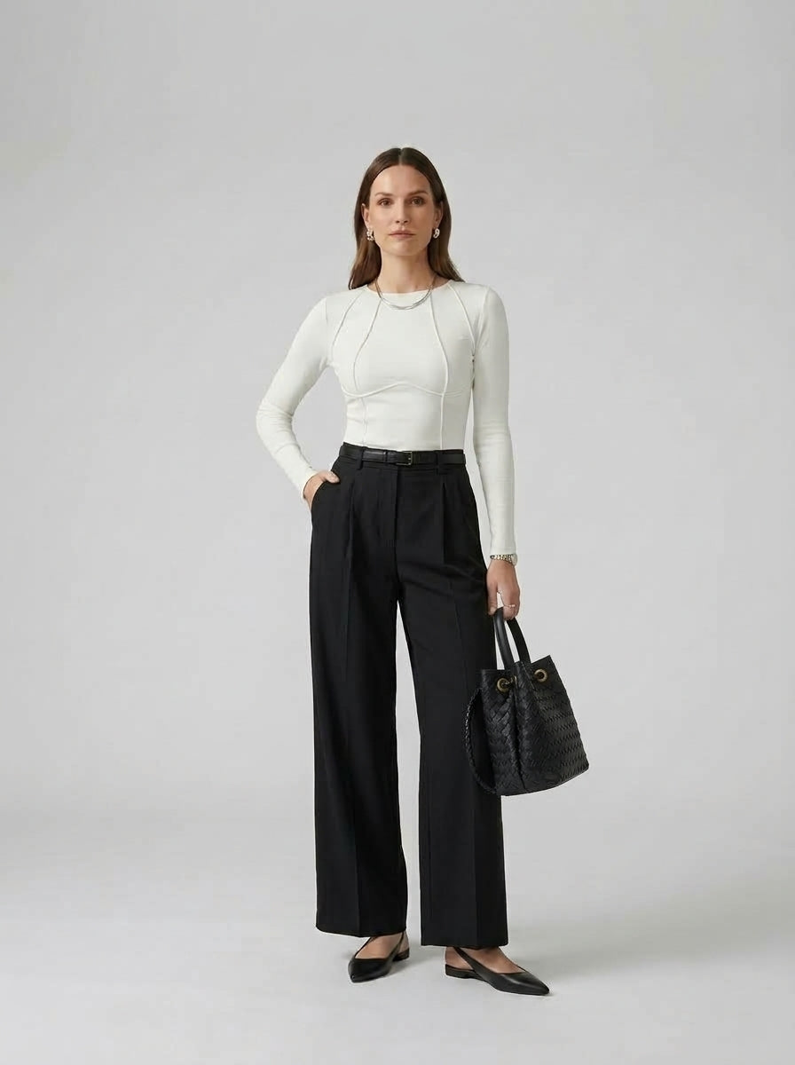 Pantalones Elásticos De Talle Medio, Con Cremallera Frontal y Pernera Ancha
