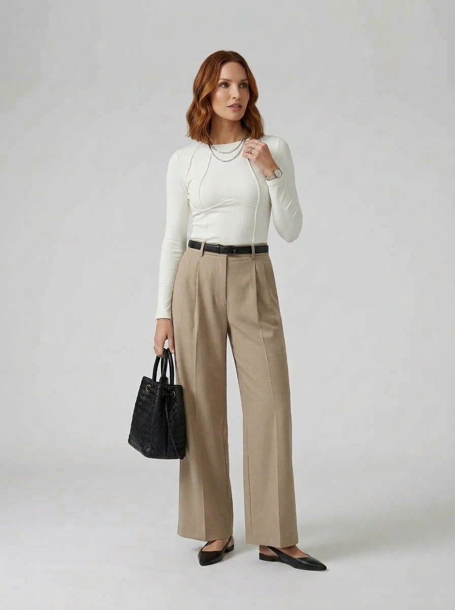 Pantalones Elásticos De Talle Medio, Con Cremallera Frontal y Pernera Ancha